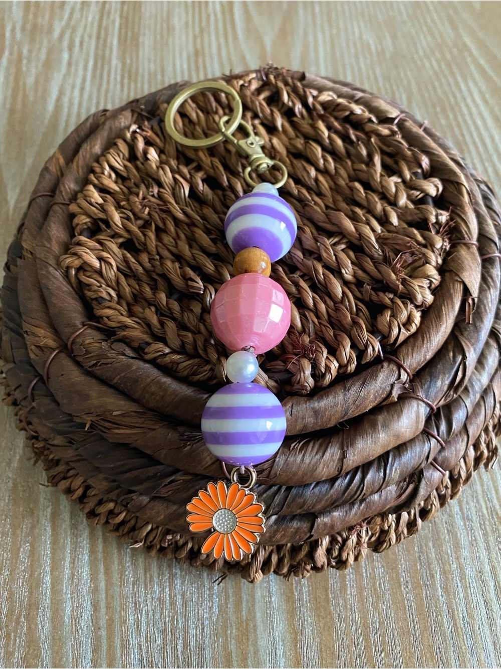 Striped Purple & Pink Bead Keychain with Orange Daisy Charm
